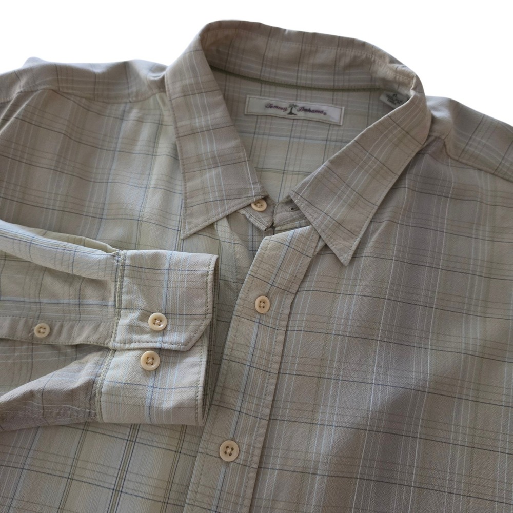 Tommy Bahama Mens Button Down Shirt Tan Plaid 100% Silk Long Sleeve XL